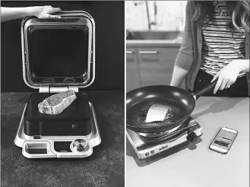  ?? — Photos by Jennifer Chase for the Washington Post ?? (Left) Cinder is a precision countertop grill that can be controlled via Bluetooth and phone app. • (Right) The Pantellige­nt pan maintains a precise temperatur­e and tells you when to stir and when to turn foods over.