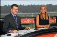  ?? PHOTO COURTESY NYRA ?? Saratoga Live host Greg Wolfe and horse racing analyst Gabby Gaudet on the Saratoga Live set atop the Saratoga Race Course clubhouse.