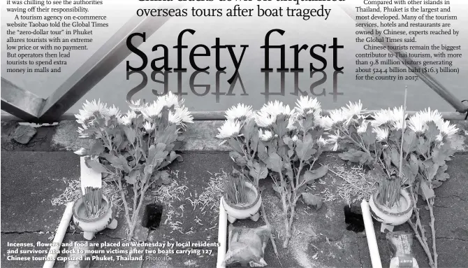  ?? Photo: IC ?? Incenses, flowers, and food are placed on Wednesday by local residents and survivors at a dock to mourn victims after two boats carrying 127 Chinese tourists capsized in Phuket, Thailand.