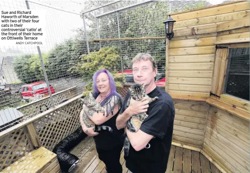  ??  ?? Sue and Richard Haworth of Marsden with two of their four cats in their controvers­ial ‘catio’ at the front of their home on Ottiwells Terrace
ANDY CATCHPOOL