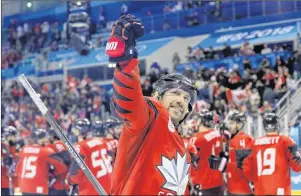  ?? (AP PHOTO/MATT SLOCUM ?? Derek Roy (9), of Canada, celebrates after the quarter-final round of the men’s hockey game against Finland at the 2018 Winter Olympics in Gangneung, South Korea, Wednesday. Canada won 1-0.