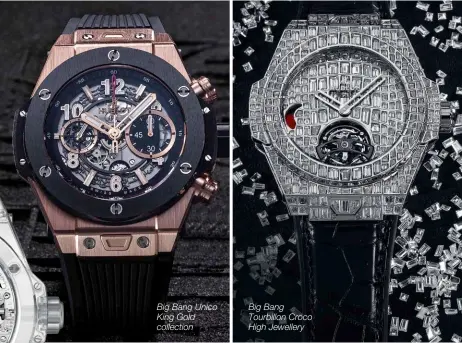  ??  ?? Big Bang Unico King Gold collection Big Bang Tourbillon Croco High Jewellery