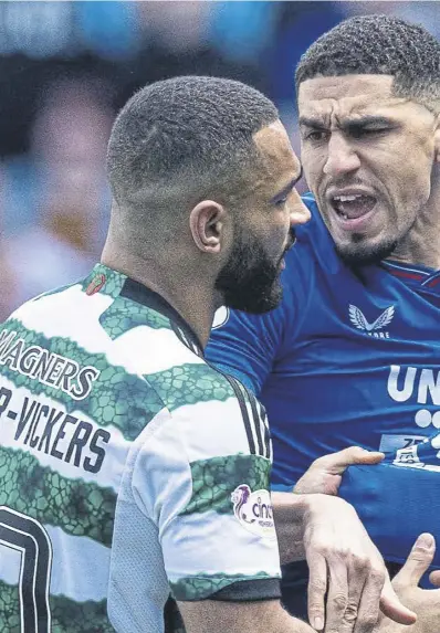  ?? ?? Clockwise from main: Celtic’s Cameron Carter-vickers grabs Rangers’ Todd Cantwell by the shirt at full time; Rabbi Matondo celebrates as he scores to make it 3-3; A full Ibrox was rocking at the whistle