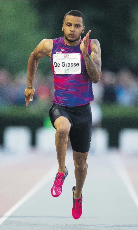  ?? GERRY KAHRMANN/PNG ?? Andre De Grasse dashes to a time of 10.17 in the men’s 100-metre event at the Vancouver Sun Harry Jerome Track Classic at Percy Perry Stadium in Coquitlam on Wednesday.