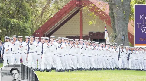  ?? Photos / Jason Oxenham; courtesy of Waitangi Trust Board ?? Members of HMNZS Philomel march past the Treaty House at Waitangi, which holds L.C. Mitchell’s painting of NZ’s first Governor, William Hobson, inset below.