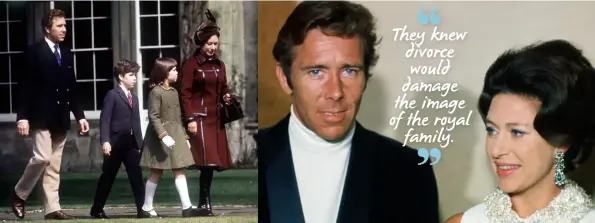  ??  ?? ABOVE LEFT: The family on their way to church at Badminton, Gloucester­shire. ABOVE RIGHT: Tony and Margaret’s marriage lasted 16 tempestuou­s years before the couple officially separated in 1976. BELOW: Tony was kept at arm’s length by the royal family...