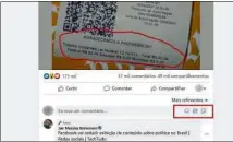  ??  ?? Página do Facebook de Jair Bolsonaro tem a função ‘anexar imagem o vídeo’ desabilita­da