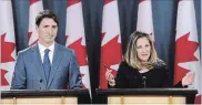  ?? SEAN KILPATRICK ASSOCIATED PRESS ?? Trudeau and Freeland take questions about new trade deal.