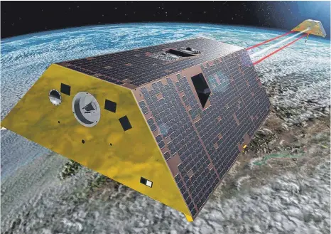  ?? FOTO: AIRBUS ?? Die neuen Grace- Fo- Satelliten fliegen in einem Abstand von rund 220 Kilometern hintereina­nder her und messen das Erdschwere­feld.