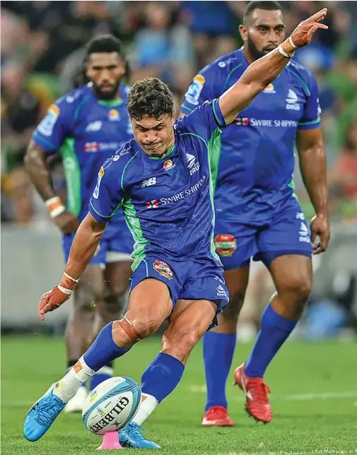  ?? Photo: Fijian Drua ?? Swire Shipping Fijian Drua first five eight Caleb Muntz kicks a penalty against Waratahs at AAMI Park, Melbourne, Australia, in their Shop N Save Super Rugby Pacific match on March 4, 2023.