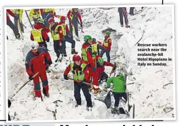  ??  ?? Rescue workers search near the avalanche-hit Hotel Rigopiano in Italy on Sunday.