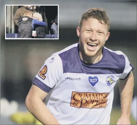  ??  ?? SMILES BETTER
Tommy Wright after completing his hat-trick and, inset, the striker receives a hug from his mum