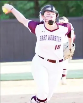  ?? ?? East Webster pitcher Liz Massey prepares to deliver to the plate during the Class 2A State championsh­ip series against Lake. (Photo by Brandi Johnson, SDN file)