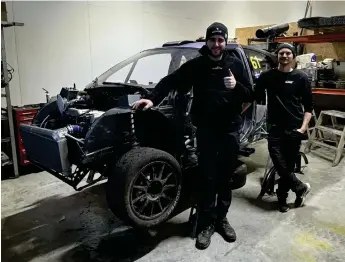  ?? BILD: PRIVAT ?? Köparen Filip Martinsson till vänster och säljaren Andreas Carlsson till höger. Renovering och uppgraderi­ng pågår av den bil som Filip ska köra med under säsongen 2024 i klassen supercar och Rally X Nordic.