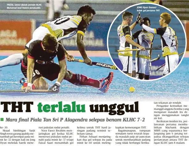  ?? FOTO: LUQMAN HAKIM ZUBIR ?? FAIZAL (atas) diasak pemain KLHC Mohamad Izad Hakimi Jamaluddin. JONG Hyun (kanan) ledak gol pertama THT.