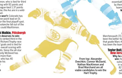  ??  ?? From top: Alexander Ovechkin, Connor McDavid, Nathan MacKinnon and Brad Marchand are all viable candidates to win the Hart Trophy.