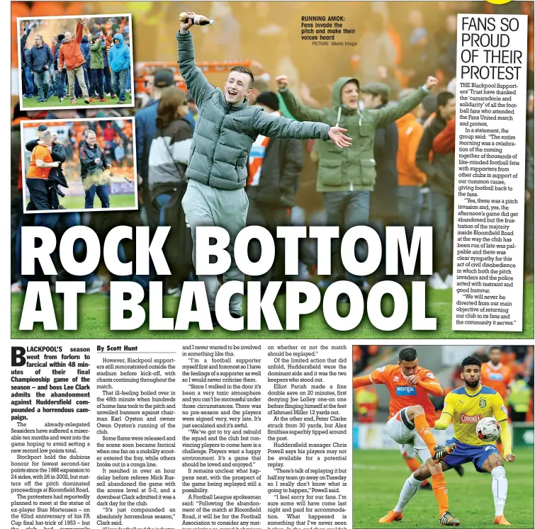  ?? PICTURE: Media Image ?? RUNNING AMOK: Fans invade the pitch and make their voices heard
ACTION: Blackpool’s Jose Miguel Cubero and Town’s Oscar Gobern