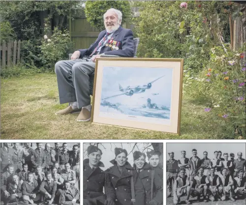  ?? MAIN PICTURE: TONY JOHNSON ?? THEN AND NOW: Sydney Mould, 100 on Tuesday, at his Hornsea home with a picture of a Blenheim bomber in which he flew. Above left, during his RAF service, pictured on the left in the middle row and second from right in the centre picture. Above right, Sydney is far right on the front row in 1942, playing with the Ancillary Rovers football team.