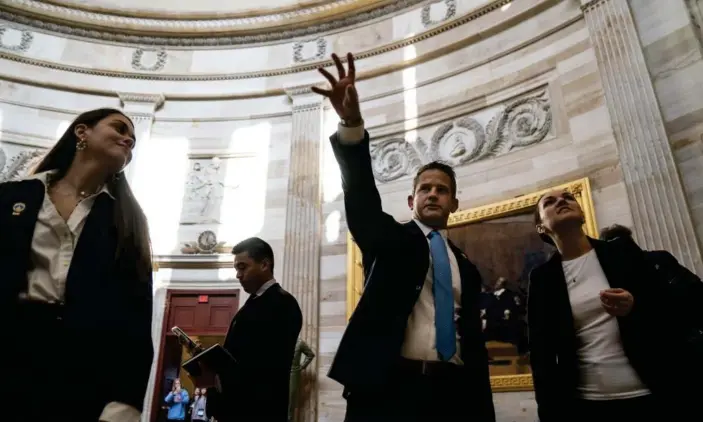  ?? ?? Representa­tive Adam Kinzinger gives a tour of the US Capitol building to members of the Ukranian parliament on Capitol Hill on 27 April. Photograph: Kent Nishimura/Los Angeles Times/REX/Shuttersto­ck