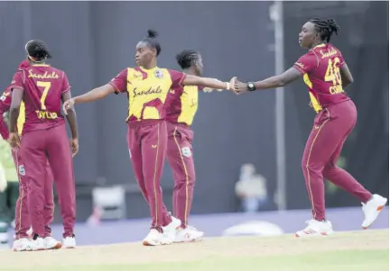  ?? (Photo: CWI Media) ?? West Indies Women’s Shamilia Connell (right) and Aaliyah Alleyne react during yesterday’s first T20 Internatio­nal against Pakistan Women at Sir Vivian Richards Cricket Stadium in Antigua.