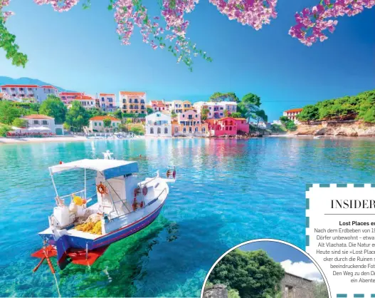  ?? ?? Bunte Fassaden statt blau-weißem Klischee: Das kleine Städtchen Assos im Norden der
Insel ist beliebter Anziehungs­punkt für Touristen.