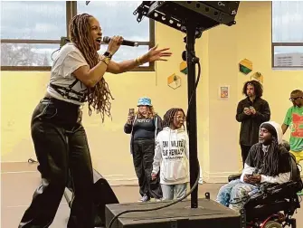  ?? Photos by Matthias Gafni/Special to the Chronicle ?? Hip-hop artist Sa-Roc performs on Saturday at D.R.I.P. Fest in the African American Arts and Culture Complex in the Western Addition.