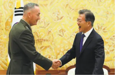  ?? Bae Jae-man / Yonhap ?? Marine Corps Gen. Joseph Dunford meets with South Korean President Moon Jae-in in Seoul.