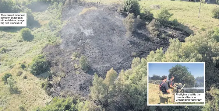  ??  ?? The charred moorland between Scapegoat Hill and Golcar. Image: Big Red Drones Ltd Firefighte­rs battle the moorland blaze in Crosland Hill yesterday