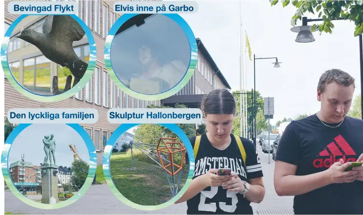  ?? FOTO: ULRICA ANDERSSON ?? JÄGARE. Kanske ser de inte ut att ha ögonen öppna för omvärlden. Men Olivia Verbeet och hennes pojkvän Dennis Ehlin upptäcker nya platser i Sundbyberg på sin jakt efter pokémons.