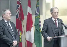  ?? BOB TYMCZYSZYN/POSTMEDIA NETWORK ?? St. Catharines MPP Jim Bradley, left, is joined by Town of Fort Erie Mayor Wayne Redekop on Tuesday for a funding announceme­nt of just over $816,000 towards the renewal and replacemen­t of aging infrastruc­ture on Highland Avenue.