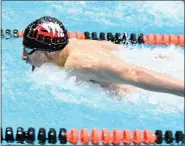  ?? BARRY TAGLIEBER - FOR MEDIANEWS GROUP ?? Boyertown’s Owen Miller competes in the 100-yard butterfly at the PAC Championsh­ips Saturday.