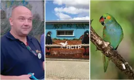  ??  ?? Martin Guth, the head of the Associatio­n for the Conservati­on of Threatened Parrots; the main entrance to ACTP’s premises in Tasdorf, Brandenbur­g; a purple-crowned lorikeet. Photograph: Pairi Daiza/ The Guardian/ FLPA/Alamy Stock Photo