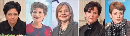  ?? AP ?? The five highest-paid female CEOs for 2017, as calculated by The Associated Press and Equilar, an executive data firm. From left: Indra Nooyi, PepsiCo, $25.9 million; Debra Cafaro, Ventas, $25.3 million; Mary Barra, General Motors, $21.9 million; Phebe...