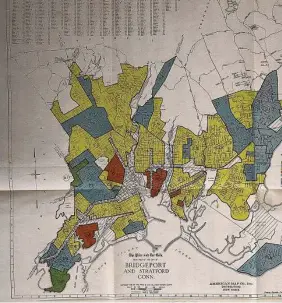  ?? Contribute­d photo ?? A 1937 map of Bridgeport and Stratford divides the cities into areas deemed by experts to be risky for investment. Areas in red have been “redlined” and were cut off in many cases from loans and other financing.