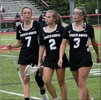  ?? MEDIANEWS GROUP PHOTO ?? From left, Strath Haven’s Kaitlin Neiczpiel, Julia Steere and Laura Conner walk off the field during a stoppage in a 13-4loss to Bishop Shanahan in the District 1Class 2A championsh­ip Thursday night.