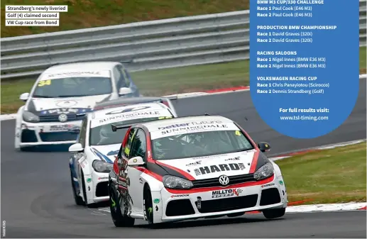  ?? For full results visit: ?? Strandberg’s newly liveried Golf (4) claimed second VW Cup race from Bond BMW M3 CUP/330 CHALLENGE Race 1
Race 2 Paul Cook (E46 M3) Paul Cook (E46 M3) PRODUCTION BMW CHAMPIONSH­IP Race 1
Race 2 David Graves (320i) David Graves (320i) RACING SALOONS...