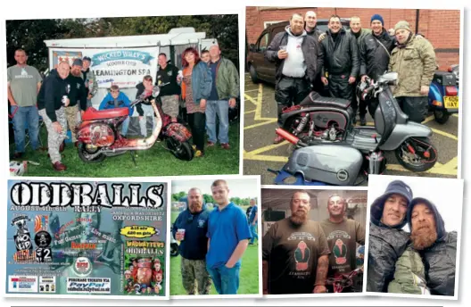  ??  ?? Top left: Enjoying the atmosphere at the W.o.T Rally 2017 Top right: Burton Brewers 2017. Kev and members of Wicked Willy’s SC with L’Ombra, which won the best ridden-in. Above from left: Objective set – Oddballs Rally flyer; Kev and Tom at Oddballs...
