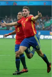  ??  ?? Spain captain Abel Ruiz celebrates his goal against Iran at the Jawaharlal Nehru Stadium in Kochi on Sunday. Spain won 3-1.