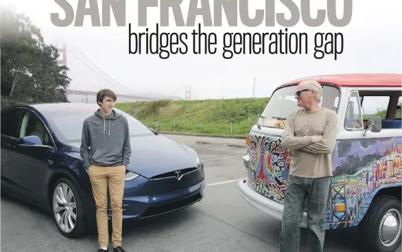  ?? KAREN MCCREDIE ?? Sixteen-year-old Callum McCredie prefers the 21st-century wizardry of the Tesla Model X over the ’60s sentimenta­lity of the Volkswagen bus his father Andrew favours.