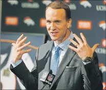  ?? AP PHOTO ?? In this March 7, 2016, file photo, Denver Broncos quarterbac­k Peyton Manning speaks during his retirement announceme­nt at the team’s headquarte­rs in Englewood, Colo. The NFL says it found no credible evidence Manning was provided with HGH or other...