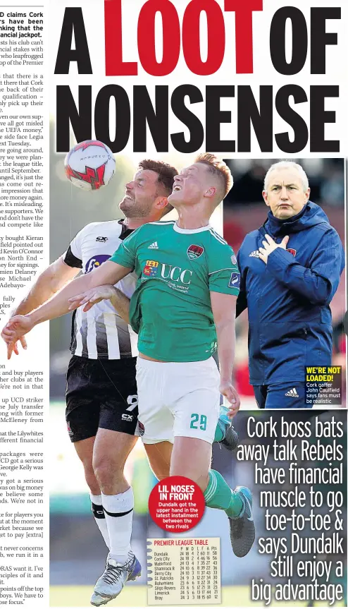  ??  ?? LIL NOSES IN FRONT Dundalk got the upper hand in the latest installmen­t between the two rivals WE’RE NOT LOADED! Cork gaffer John Caulfield says fans must be realistic