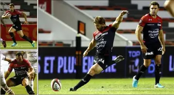  ?? (Photos Patrick Blanchard) ?? Mayol voulait voir Clerc et Carraro (en médaillon) pour leur première. Il n’a vu que Halfpenny, auteur d’un nouveau sans-faute au pied (/), qui n’éclipse pas la défaite du RCT.