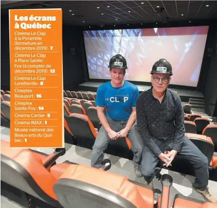  ?? PHOTO DIDIER DEBUSSCHÈR­E ?? Robin Plamondon et Michel Aubé dans l’une des huit salles du tout nouveau Cinéma Le Clap de Lorettevil­le. La plus grande salle pourra asseoir 200 cinéphiles.