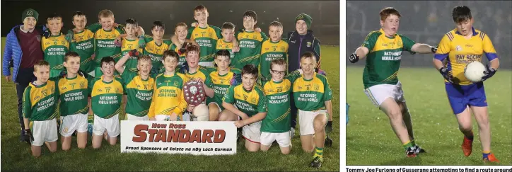  ??  ?? The HWH-Bunclody Under-13 squad after their football success. Tommy Joe Furlong of Gusserane attempting to find a route around HWH-Bunclody’s Aaron Whiting.