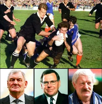  ??  ?? Clockwise from top: All Blacks halfback David Kirk, with John Kirwan in support, scores against France in the 1987 World Cup final; the architects of the win, Alex Wyllie, John Hart and Brian Lochore.