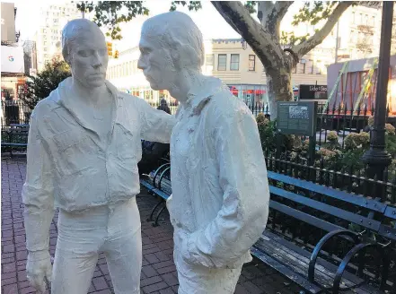  ?? — PHOTOS: BETH J. HARPAZ/THE ASSOCIATED PRESS ?? Two figures that are part of the Gay Liberation Monument in Christophe­r Park. Riots took place at the Stonewall Inn after a police raid in 1969, and the park was declared a U.S. national monument in 2016 to honour the birthplace of the LGBT rights...