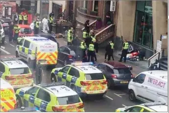  ??  ?? AFTERMATH: Asylum seeker Siraj, left, spoke to knifeman Badreddin Abadlla Adam before his stabbing spree. Top: The massive police response outside Glasgow’s Park Inn hotel