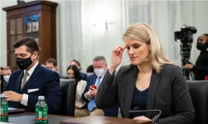  ?? Photograph: Rex/Shuttersto­ck ?? Frances Haugen at a senate committee hearing in Washington, DC, 5 October 2021.