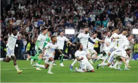  ?? Photograph: Ángel Martínez/Getty Images ?? Real Madrid celebrate after beating Manchester City to reach the Champions League final.