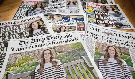  ?? Kirsty Wiggleswor­th/Associated Press ?? A montage of the front pages of some of Britain’s newspapers on Saturday in London. The news is a new blow to the royal family.